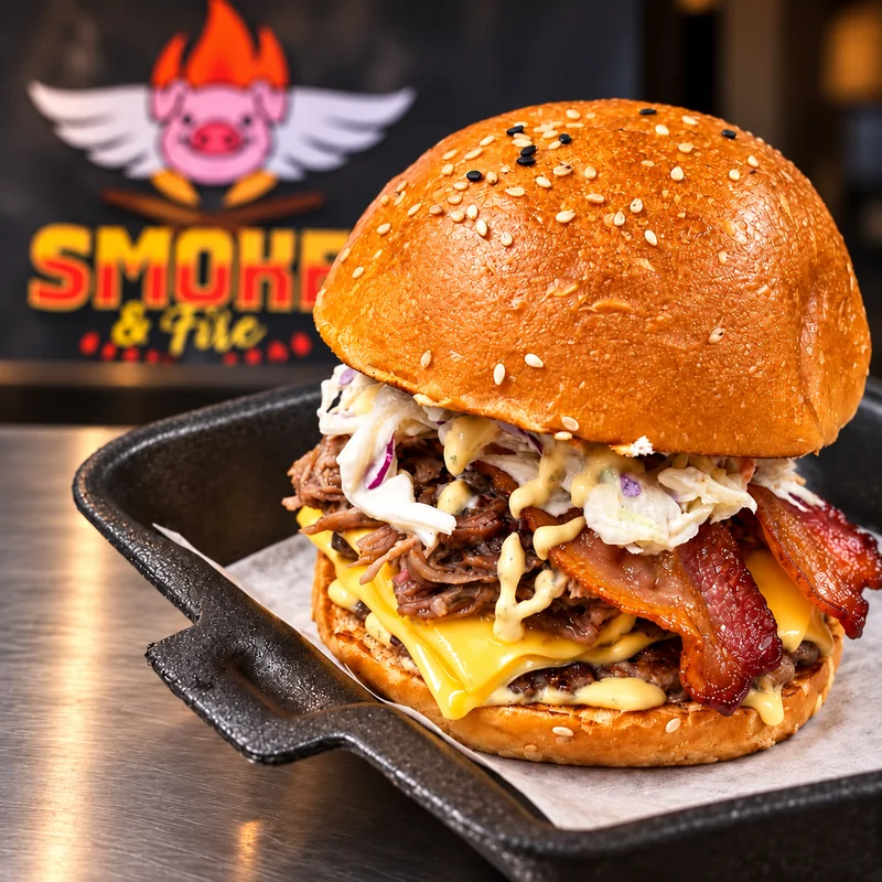 Smoke smash burger con pulled pork, bacon, queso y coleslaw